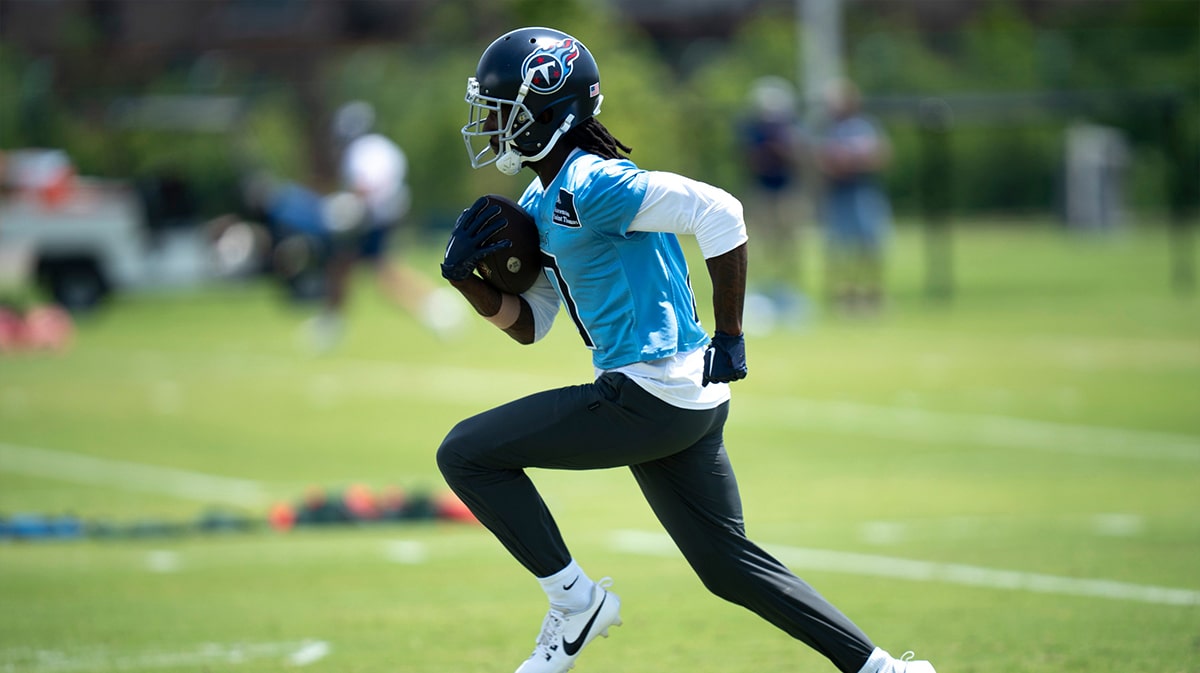 Wide receiver Calvin Ridley (0) runs after a catch during Tennessee Titans practice at Ascension Saint Thomas Sports Park in Nashville.