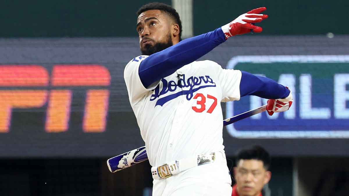 National League outfielder Teoscar Hernandez of the Los Angeles Dodgers (37) competes during the 2024 Home Run Derby at Globe Life Field.