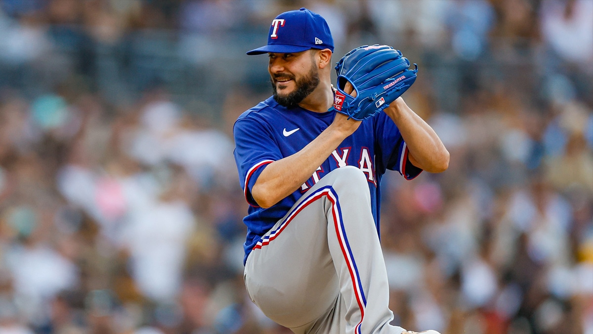 Jul 29, 2023; San Diego, California, USA; Texas Rangers starting pitcher Martin Perez (54) throws a pitch during the fifth inning against the San Diego Padres at Petco Park. Mandatory Credit: David Frerker-USA TODAY Sports