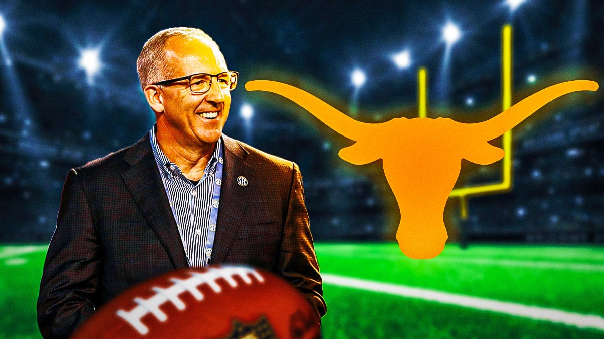 SEC Commissioner Greg Sankey, Texas Football logo next to him.