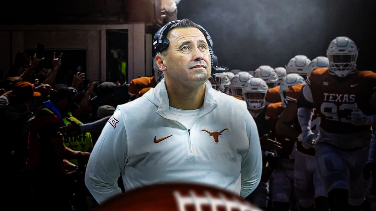 Texas football, Longhorns, 2024 Texas football, Texas football schedule, Texas football predictions, Steve Sarkisian with Texas football stadium in the background