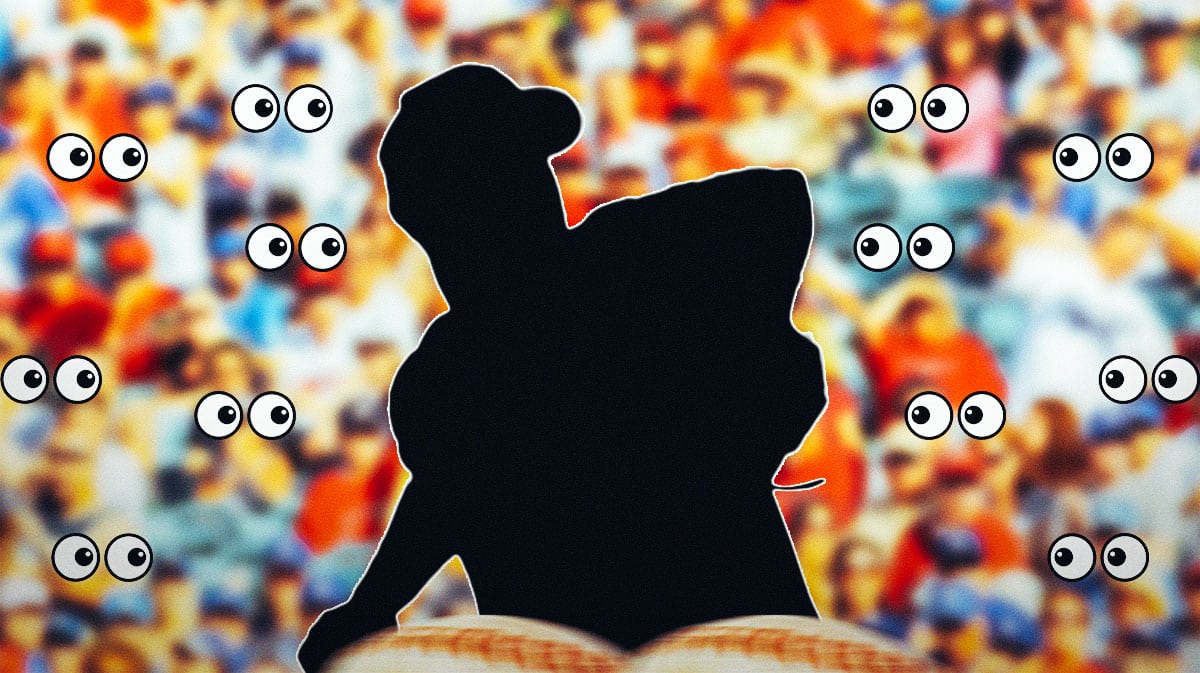 A silhouette of a baseball pitcher on one side, a bunch of Los Angeles Angels fans on the other side with the big eyes emoji over their faces
