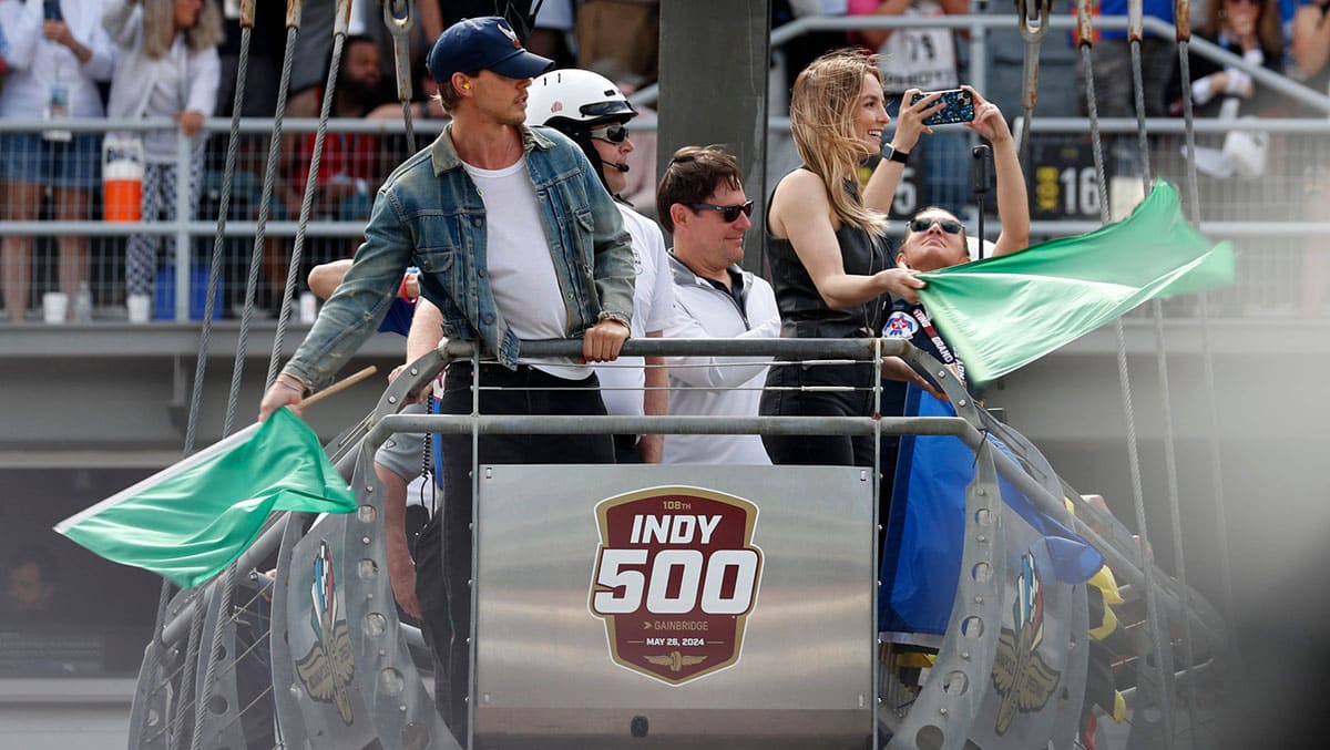 The Bikeriders stars Austin Butler and Jodie Comer at the Indy 500 in 2024.