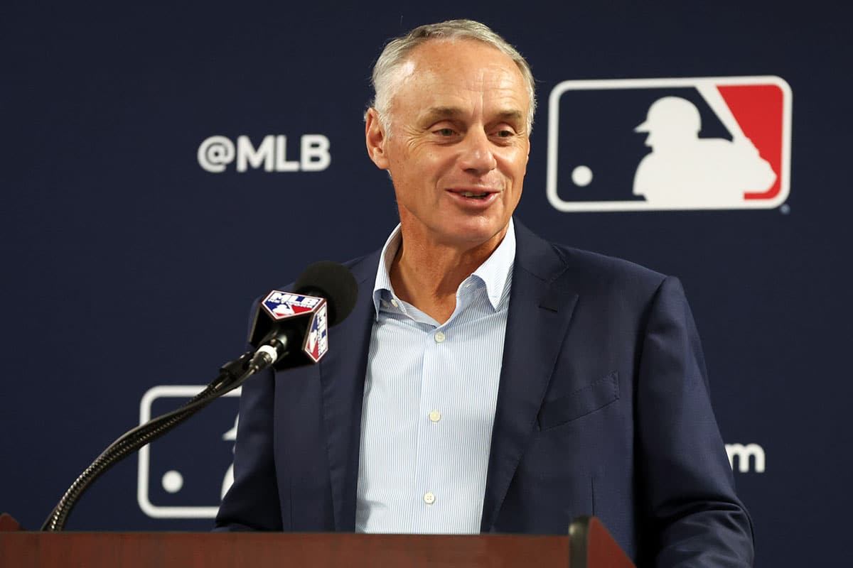 MLB commissioner Rob Manfred talks with media at George M. Steinbrenner Field. 