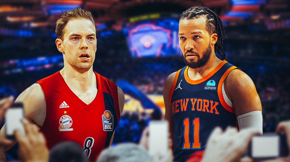 Knicks' Jalen Brunson looking confused/upset next to Finnish basketball player Petteri Koponen