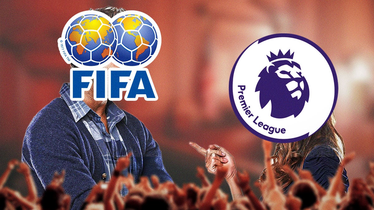 Two person arguing in a courthouse, one of them has the FIFA logo over his head, the other one has the Premier League logo over his head