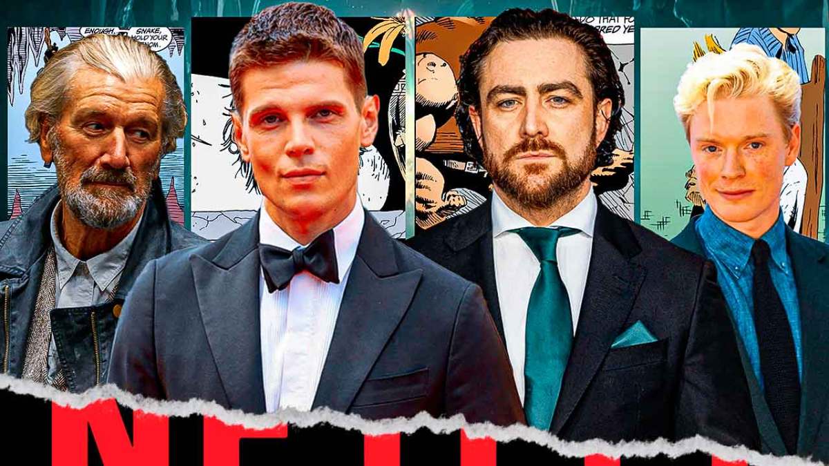 From L to R: Clive Russell, Ruairi O'Connor, Laurence O’Fuarain, Freddie Fox; Background: from L to R: Odin, Orpheus, Thor and Loki of The Sandman