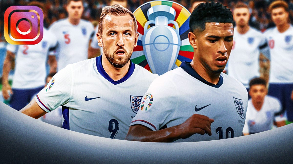 Jude Bellingham and Harry Kane in front of the England team, Euro 2024, and Instagram logos