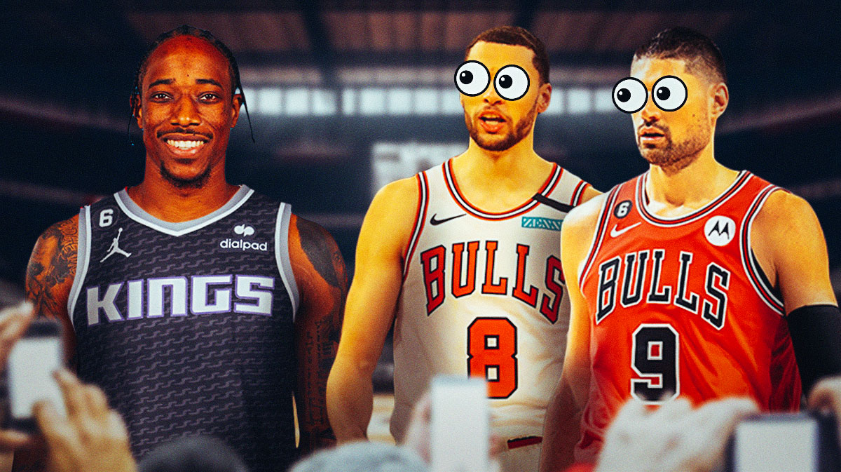 DeMar DeRozan in a Sacramento Kings uniform on one side, Zach LaVine and Nikola Vucevic on the other side with the big eyes emoji over their faces