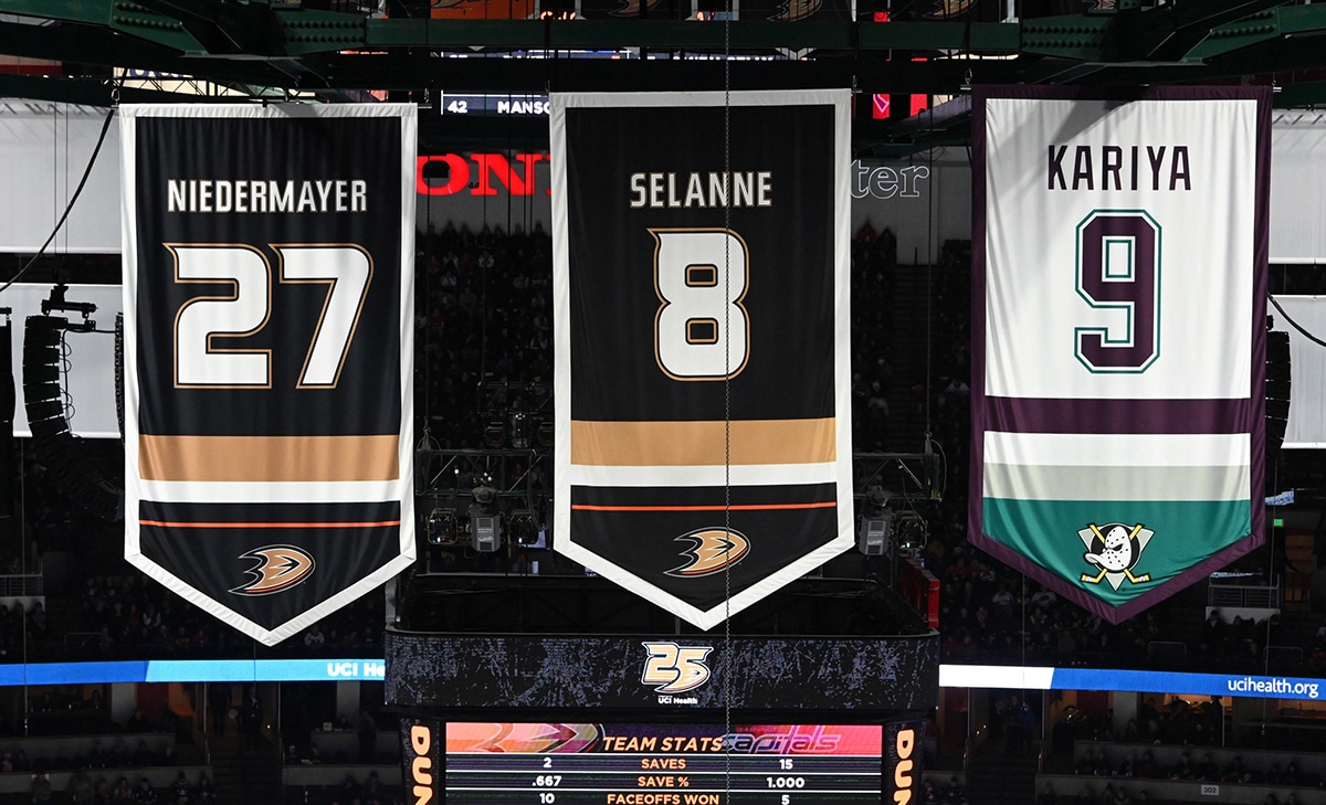Detailed view of the retired jerseys of Anaheim Ducks former defenseman Scott Niedermayer (27) and winger Teemu Selanne (9) and winger Paul Kariya (8) in the first period against the Washington Capital at Honda Center. Niedermayer became the third Ducks player to have his jersey retired in a pregame ceremony.