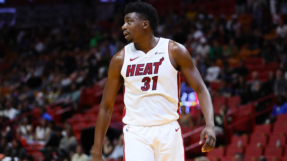 Miami Heat center Thomas Bryant (31) looks on after scoring against the Portland Trail Blazers during the fourth quarter at Kaseya Center.