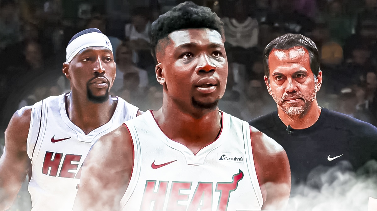 Miami Heat stars Thomas Bryant, Bam Adebayo alongside head coach Erik Spoelstra in front of Kaseya Center.