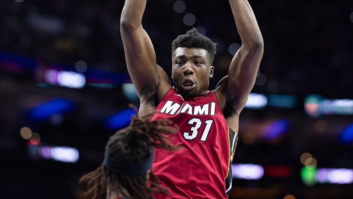 Miami Heat center Thomas Bryant (31) rebounds the ball against the Philadelphia 76ers during the second quarter at Wells Fargo Center.