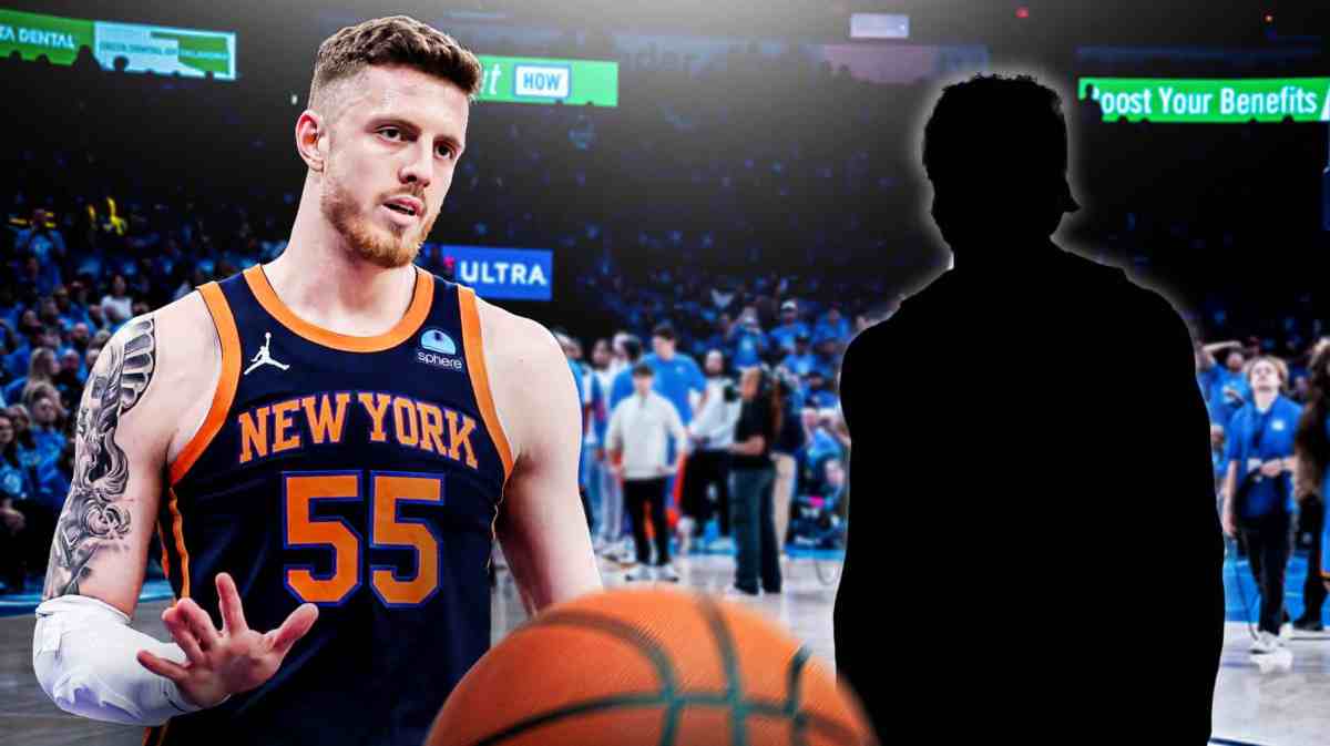 Isaiah Hartenstein next to the blacked-out silhouette of Saddiq Bey at the Thunders Arena.