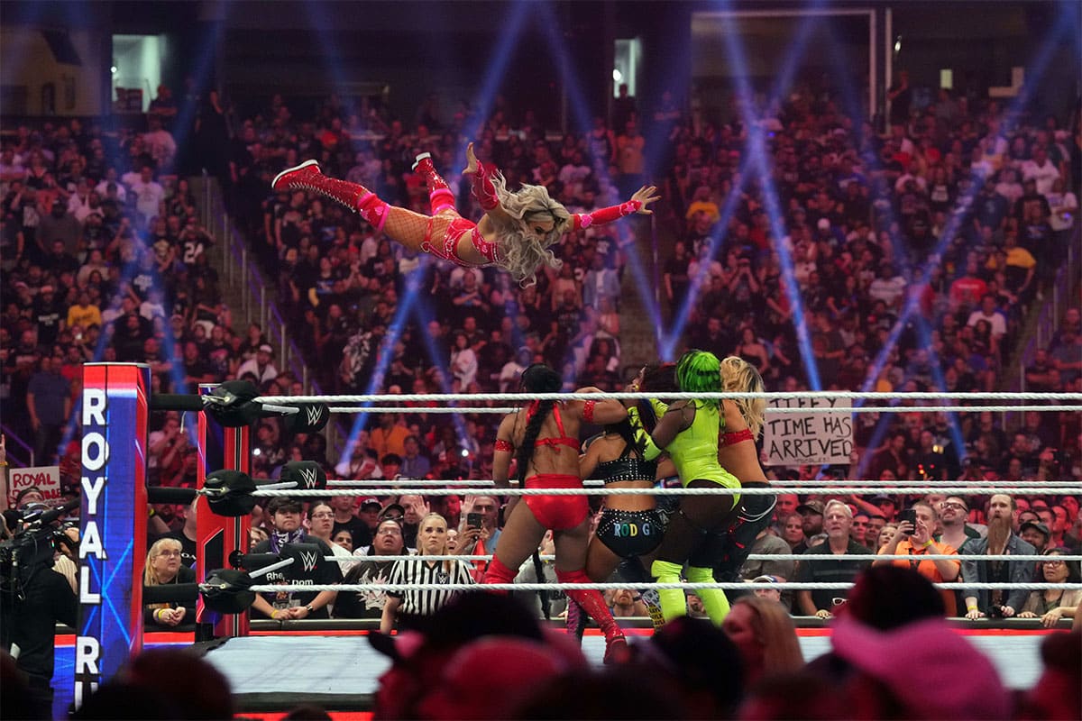 Tiffany Stratton dives off the top rope at the 2024 Royal Rumble.