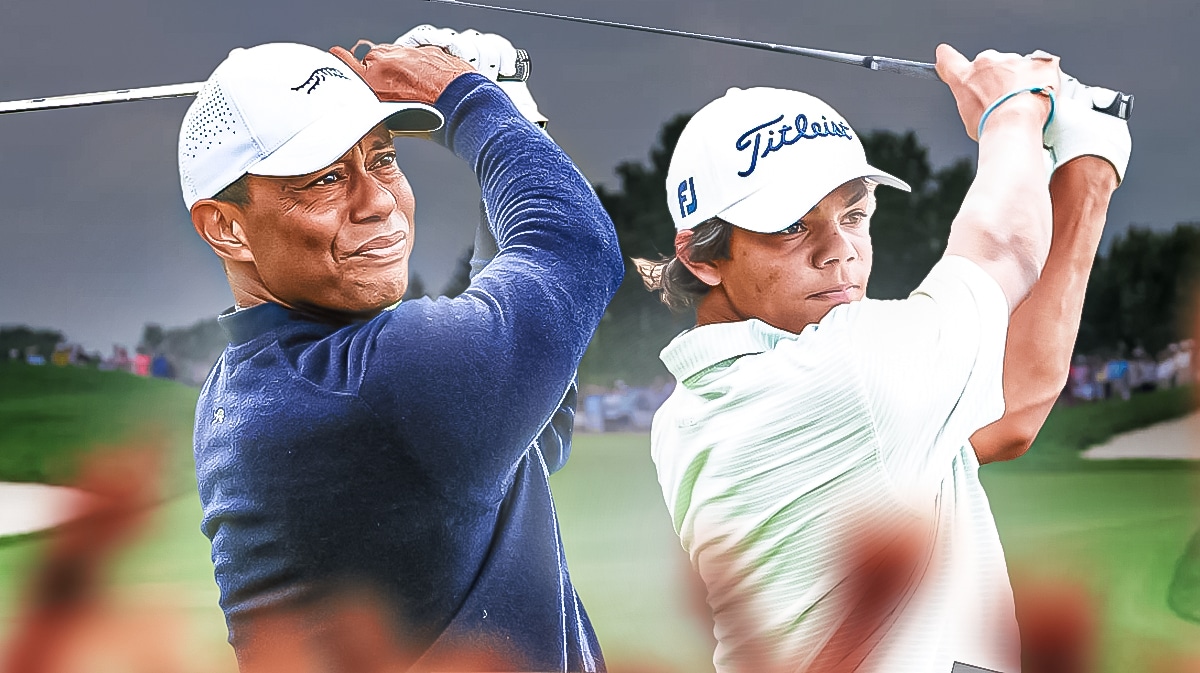 Tiger Woods and Charlie Woods playing golf