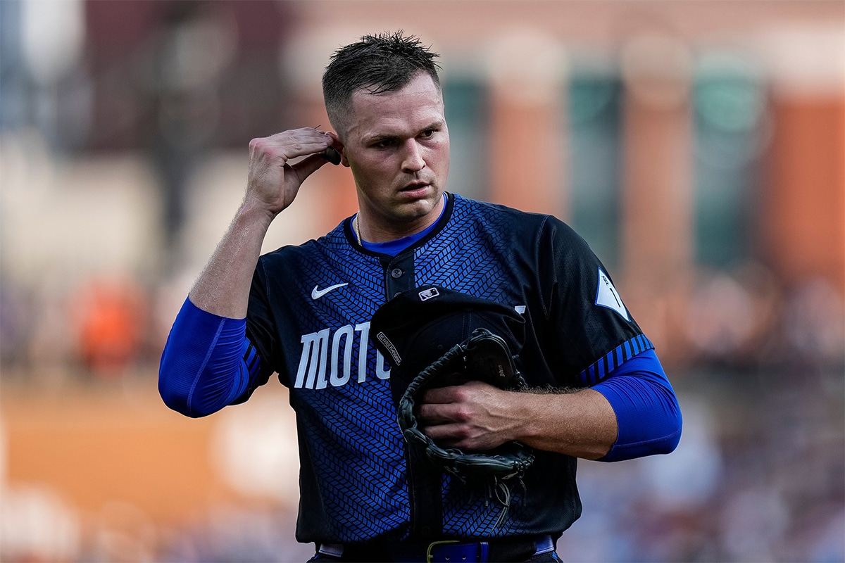 Detroit Tigers pitcher Tarik Skubal (29) checks his ear piece during the fourth inning against L. A. Dodgers at Comerica Park in Detroit on Friday, July 12, 2024.