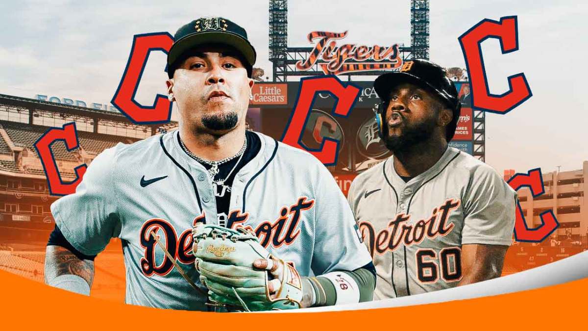 Javier Baez and Akil Baddoo of the Detroit Tigers in front of Comerica Park