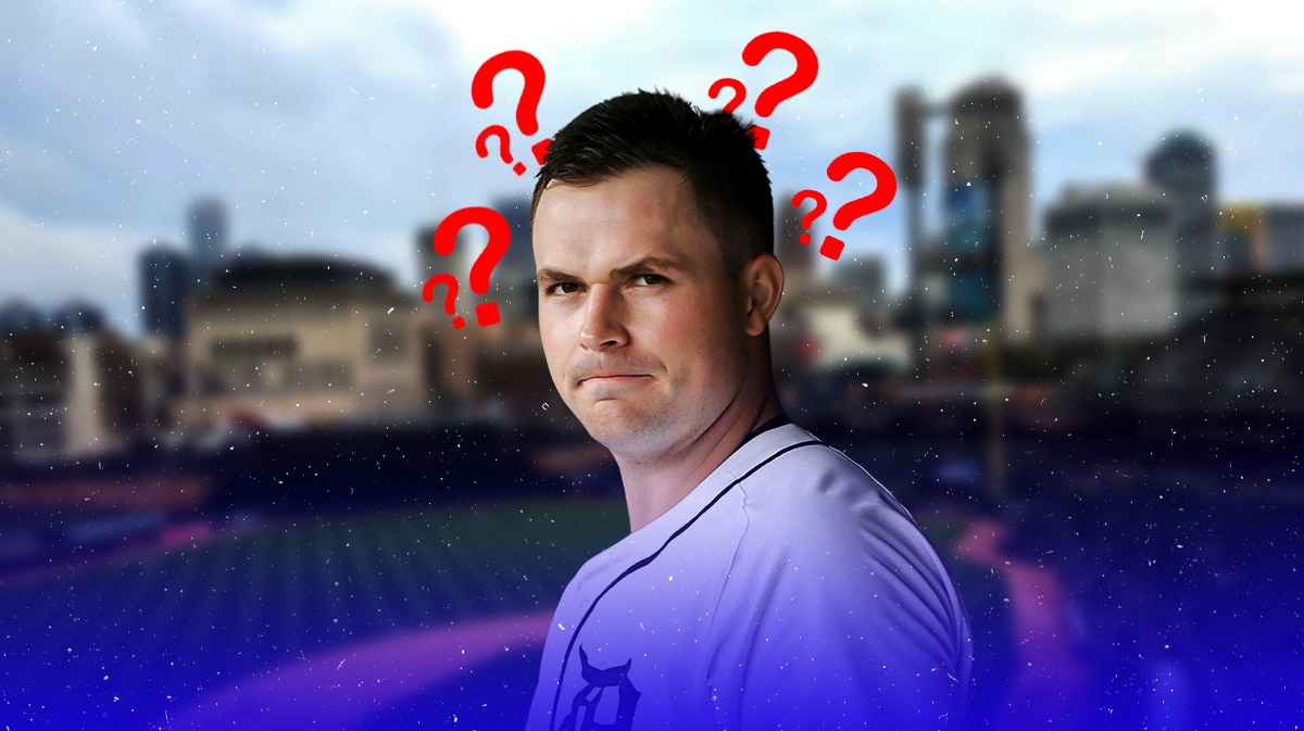 Tigers ace Tarik Skubal in Comerica Park with question marks above him