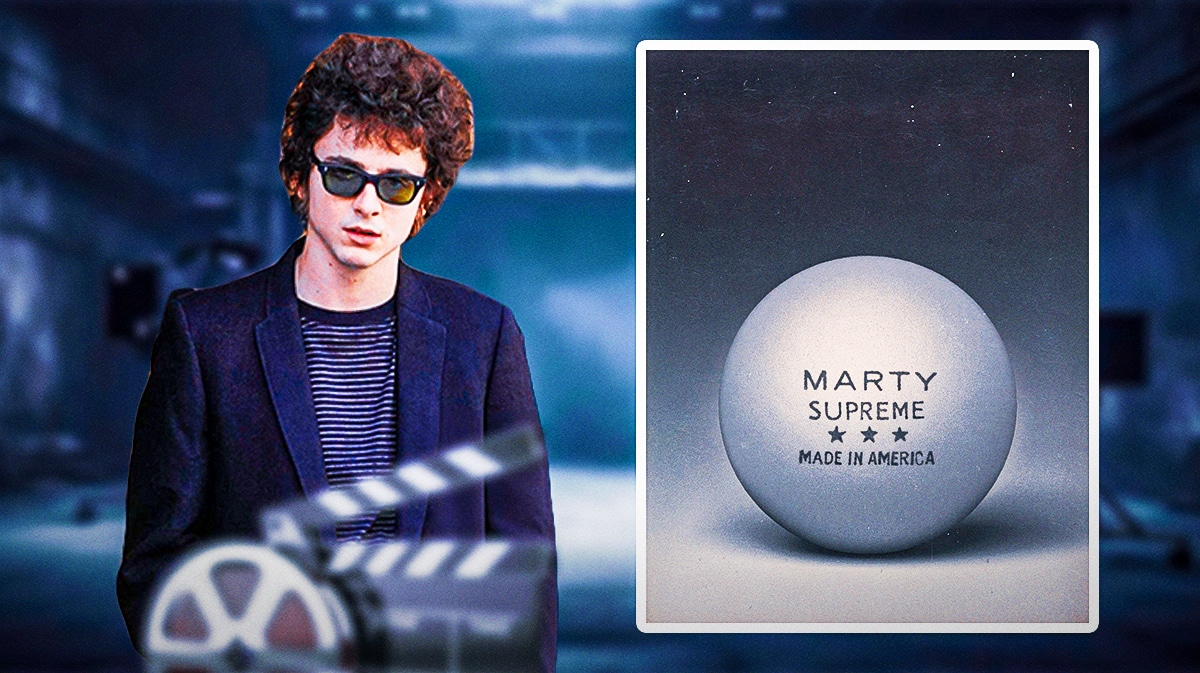 Timothée Chalamet and Marty Supreme poster.