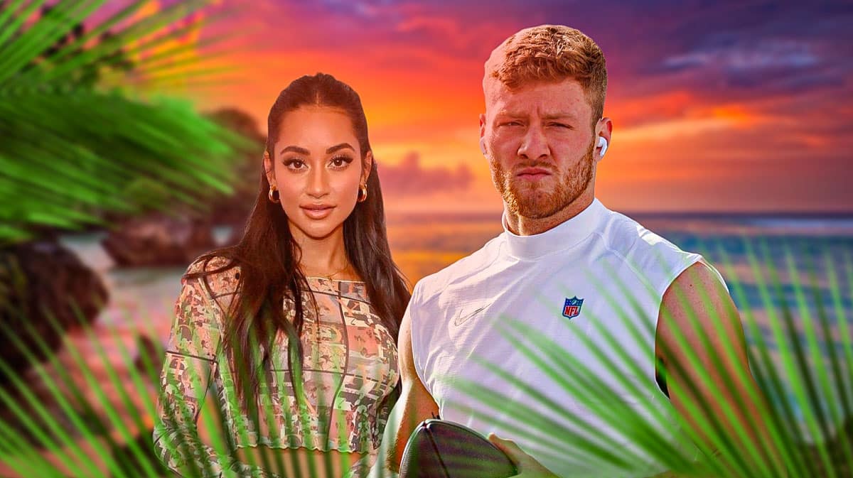 Bachelor in Paradise star Victoria Fuller and Tennessee Titans quarterback Will Levis with beach background.