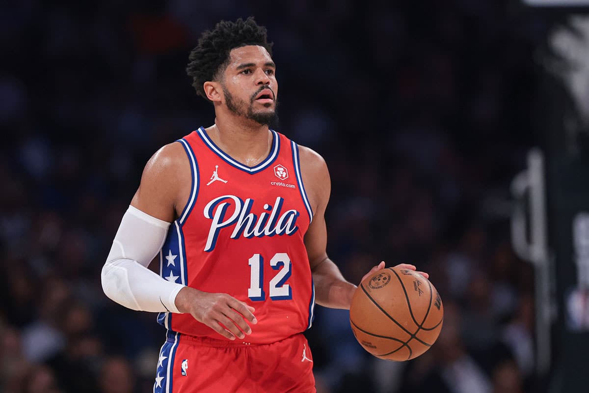 Philadelphia 76ers forward Tobias Harris (12) dribbles up court during the first half during game two of the first round for the 2024 NBA playoffs against the New York Knicks at Madison Square Garden. 