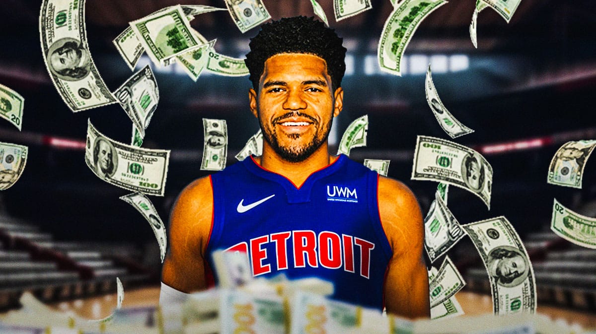 Tobias Harris in Pistons uniform with cash