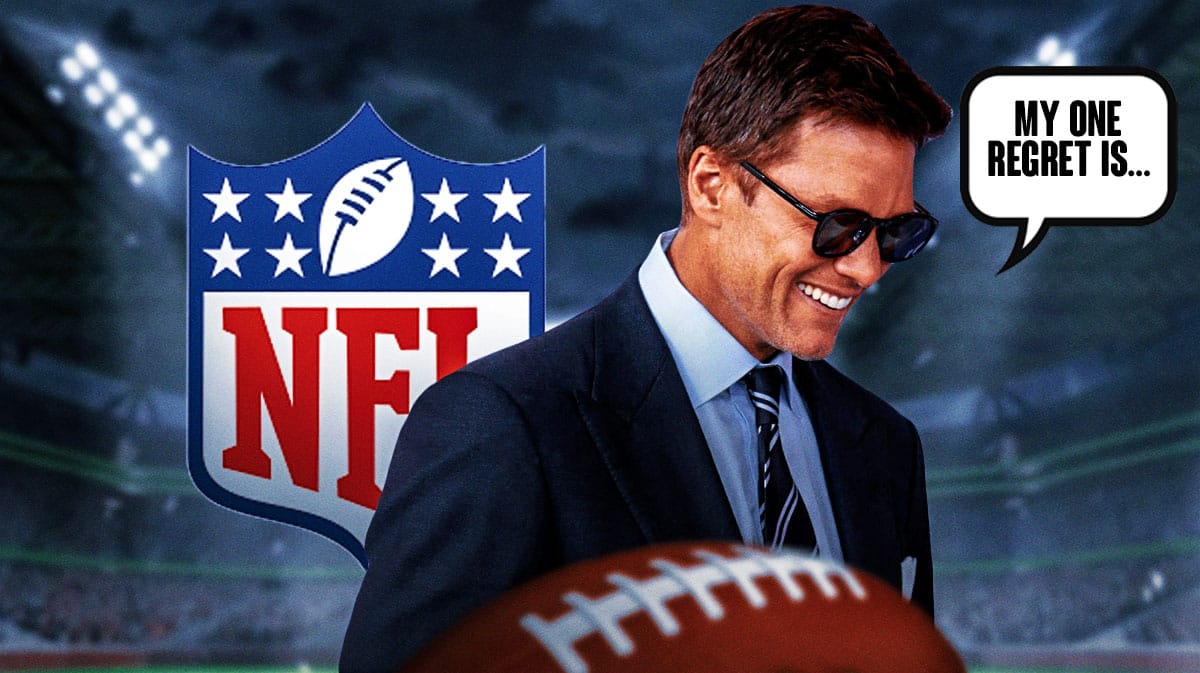 Former NFL QB Tom Brady with a speech bubble that says “My one regret is…” There is also a logo for the NFL.
