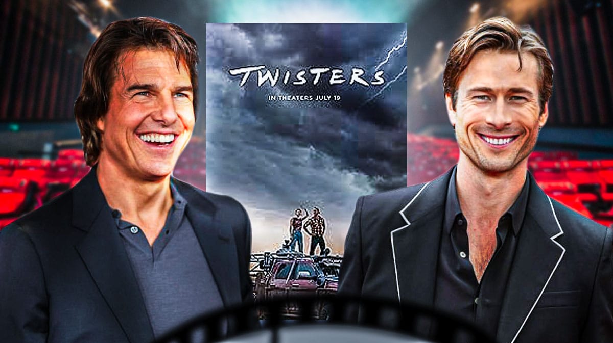 Top Gun 2 stars Tom Cruise and Glen Powell with Twisters poster and movie theater background.