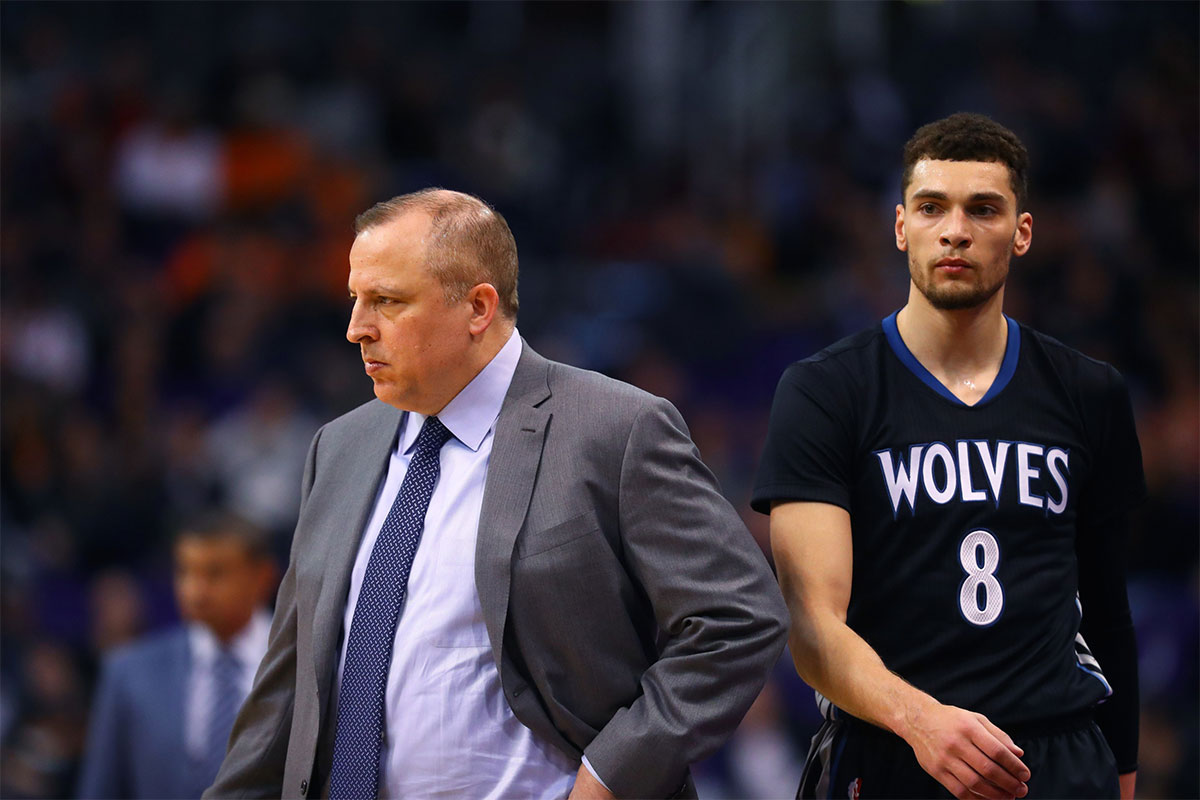 Minnesota Timberwolves head coach Tom Thibodeau guard Zach LaVine (8) against the Phoenix Suns at Talking Stick Resort Arena. The Timberwolves defeated the Suns 112-111.