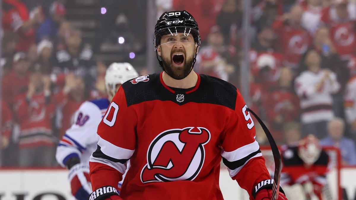 New Jersey Devils left wing Tomas Tatar (90) celebrates his goal against the New York Rangers during the second period in game seven of the first round of the 2023 Stanley Cup Playoffs at Prudential Center.