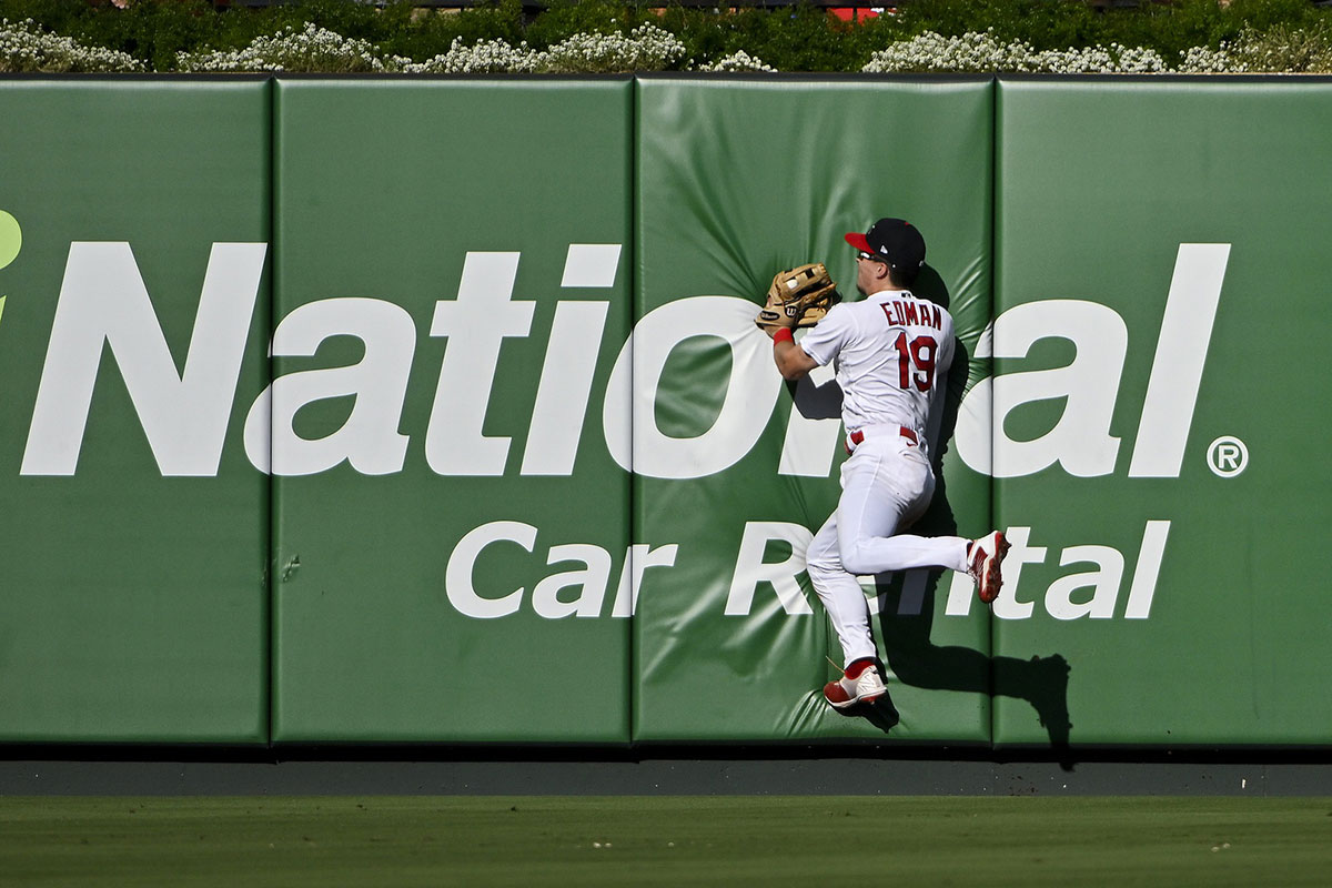  St. Louis Cardinals center fielder Tommy Edman (19) slams into the wall after making a catch against the Cincinnati Reds during the seventh inning at Busch Stadium.