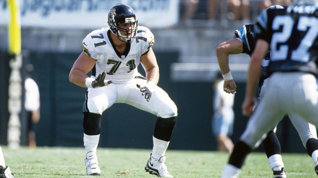 Jacksonville Jaguars tackle Tony Boselli (71) in action against the Carolina Panthers during a pre-season game at Alltel Stadium.