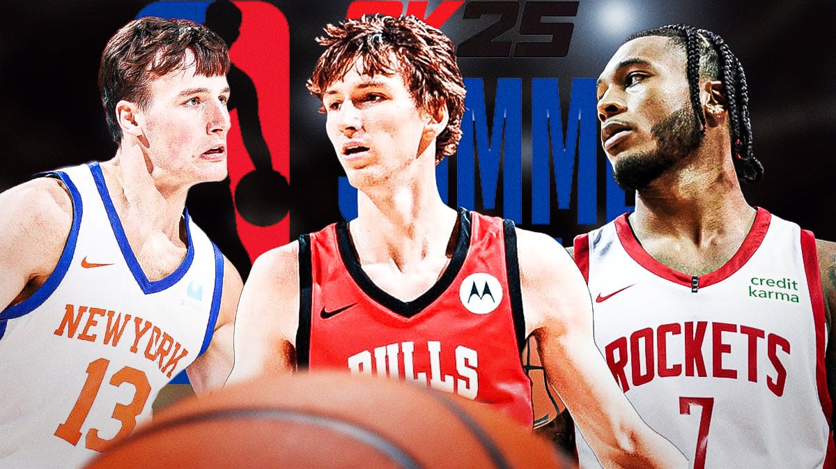 NBA Summer League logo, Day 5, Tyler Kolek (Knicks), Matas Buzelis (Bulls), and Cam Whitmore (Rockets)