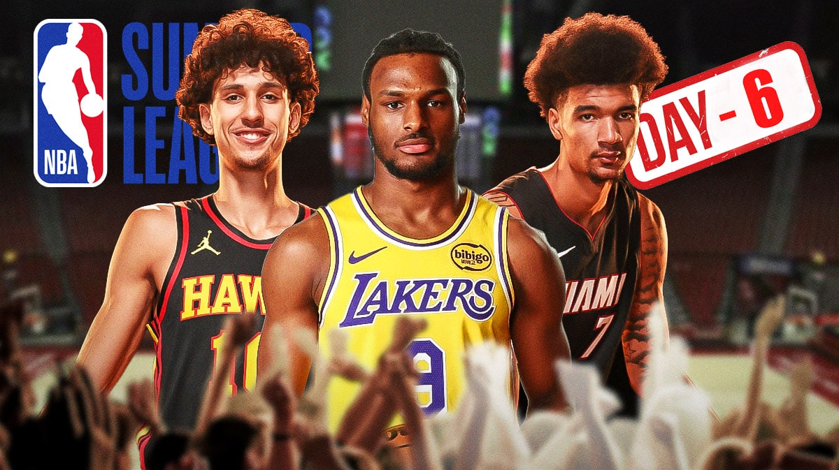 Graphic: Bronny James, Zaccharie Risacher, and Kel'el Ware with the NBA Summer League logo and Day 6 stamp.