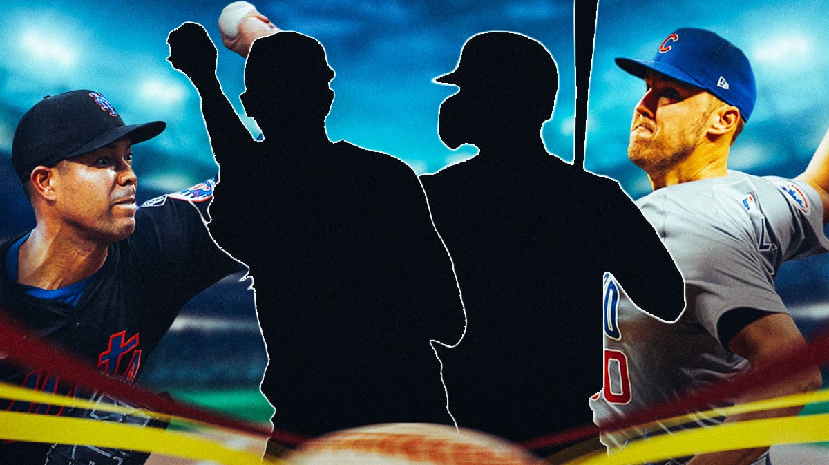 Mets Jose Quintana and Cubs Jameson Taillon throwing pitches with two fantasy baseball silhouettes between them