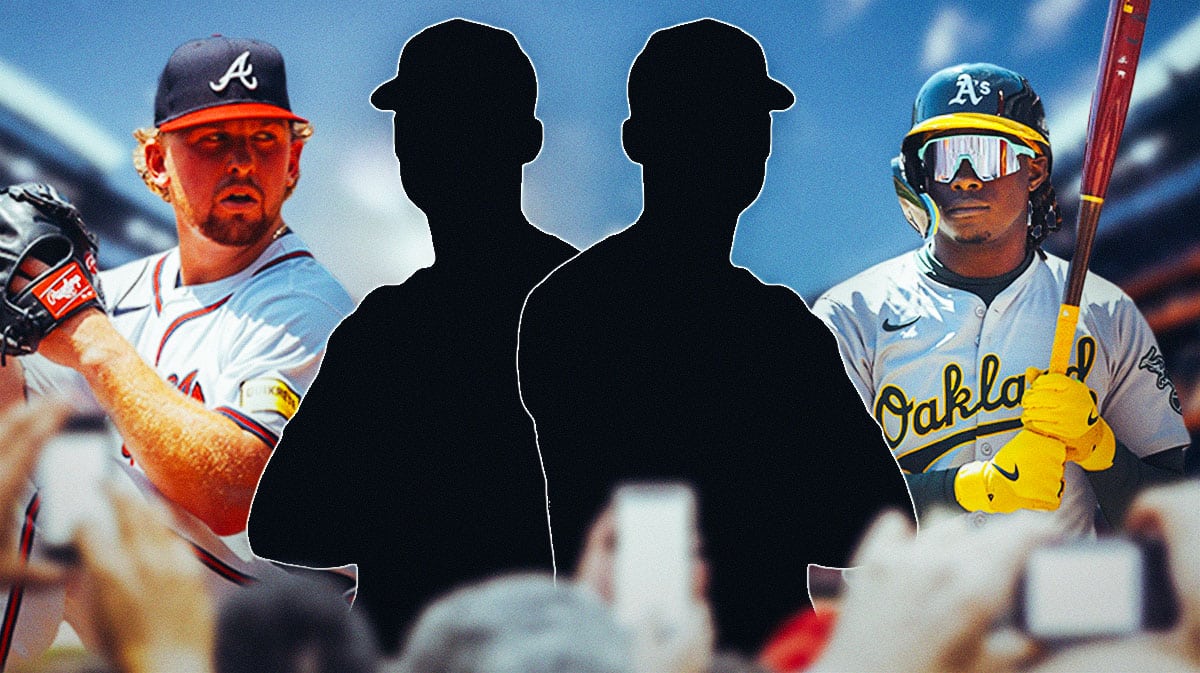 Braves Spencer Schwellenbach throwing a pitch to Athletics Lawrence Butler with two fantasy baseball silhouettes between them
