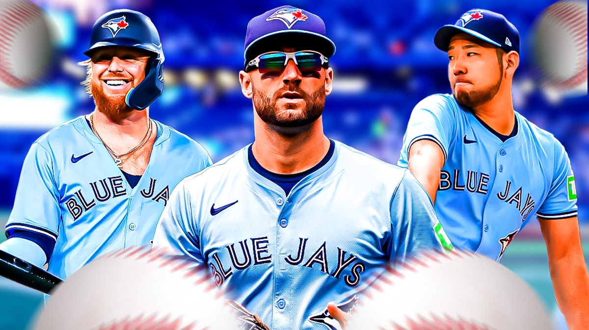 Kevin Kiermaier fielding in the center with Justin Turner and Yusei Kikuchi in the background all wearing Toronto Blue Jays uniforms as they're potential MLB trade deadline targets