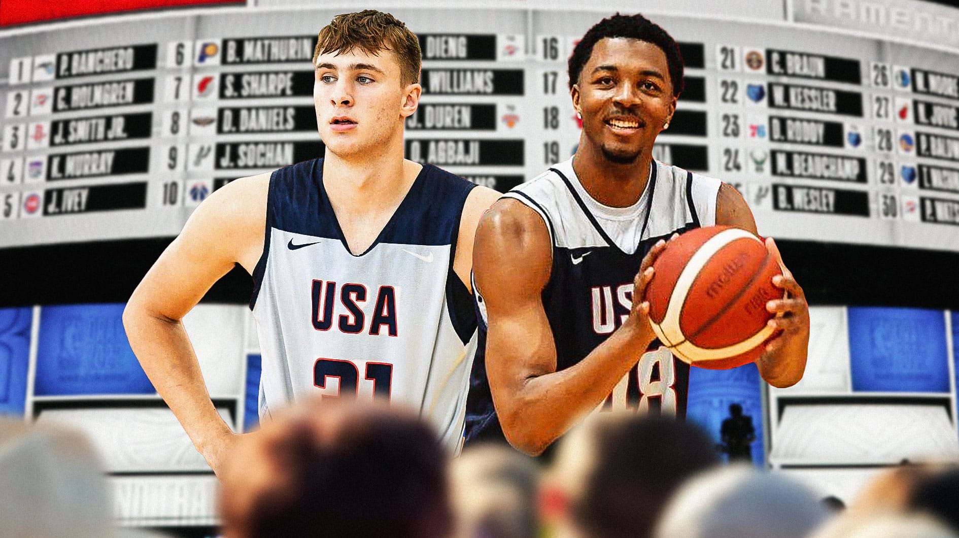 Cooper Flagg and Trey Murphy smiling in Team USA uniforms, with the 2025 NBA Draft as a background