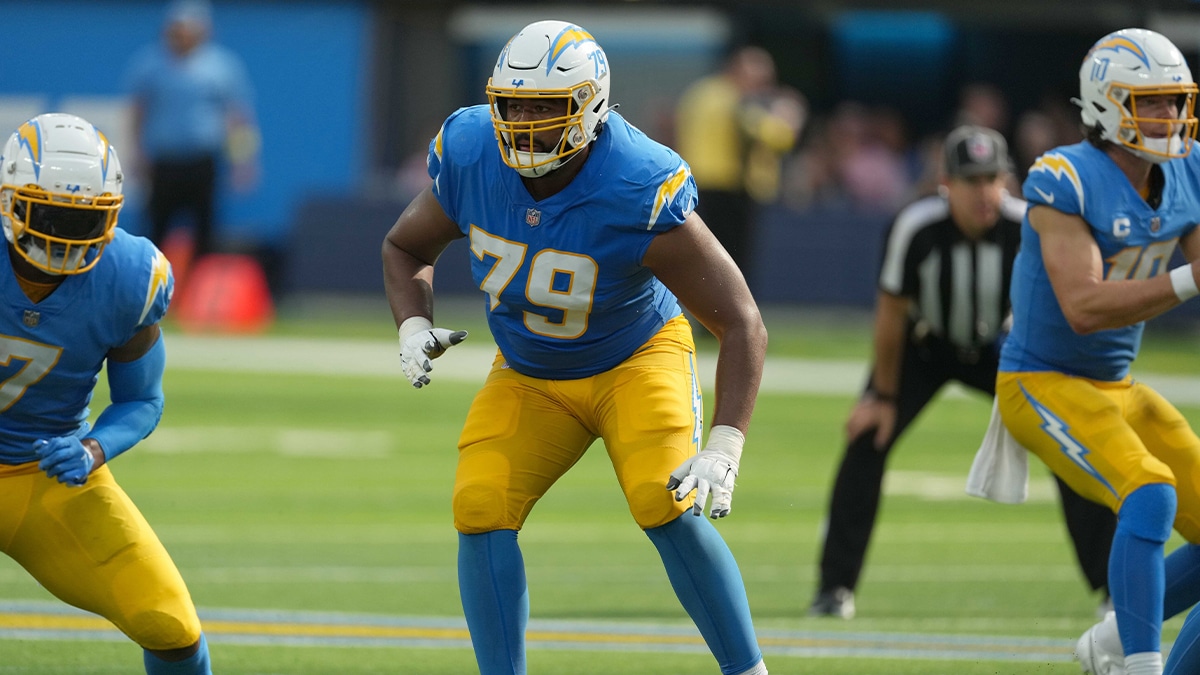 Los Angeles Chargers offensive tackle Trey Pipkins III (79) against the Las Vegas Raiders in the second half at SoFi Stadium.