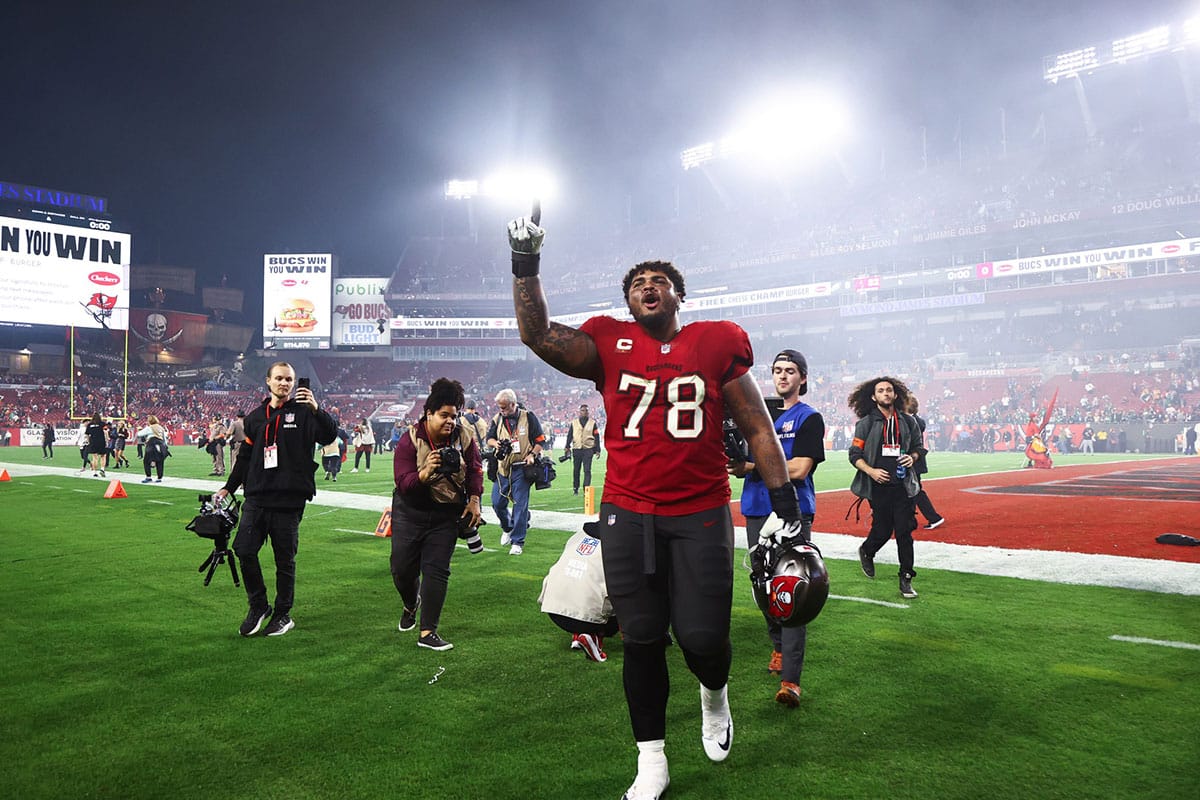 Tampa Bay Buccaneers offensive tackle Tristan Wirfs (78) reacts after a victory against the Philadelphia Eagles in a 2024 NFC wild card game at Raymond James Stadium.