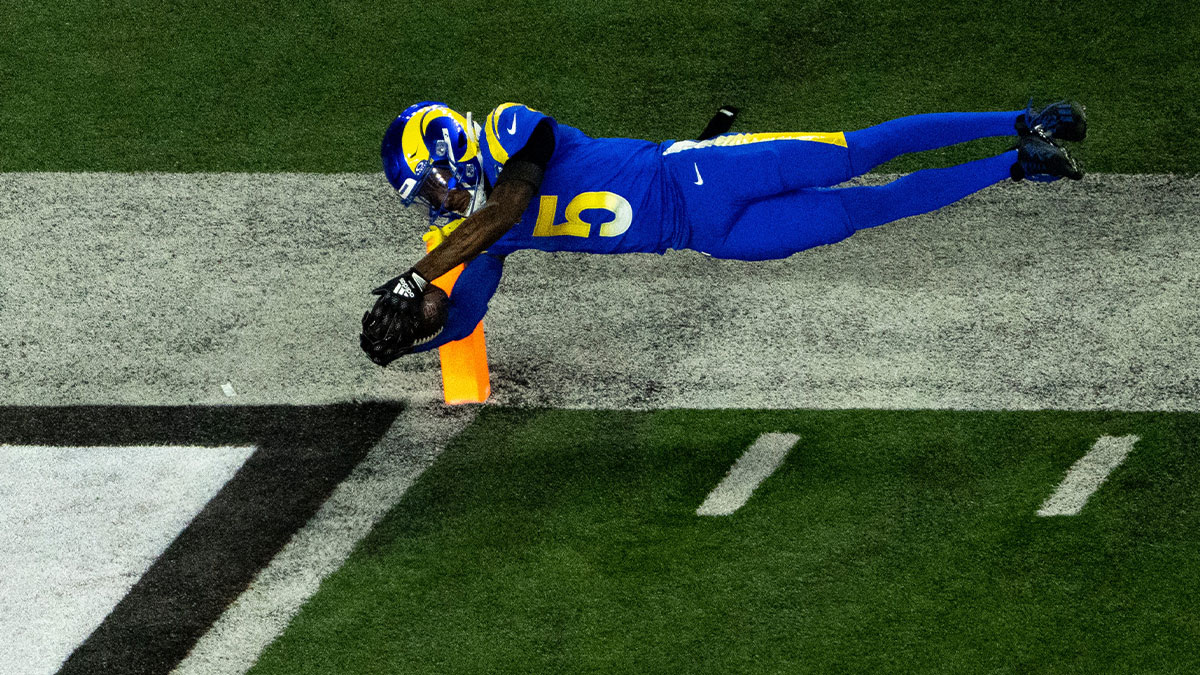 Los Angeles Rams wide receiver Tutu Atwell (5) dives into the end zone after stepping out of bounds, the touchdown was called back in the first quarter of the NFL game between the Cincinnati Bengals and Los Angeles Rams at Paycor Stadium in Cincinnati on Monday, Sept. 25, 2023.