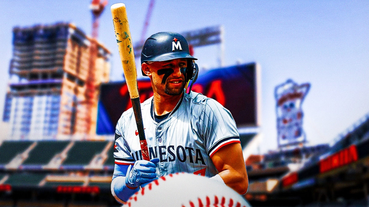 Minnesota Twins star Royce Lewis in front of Target Field.