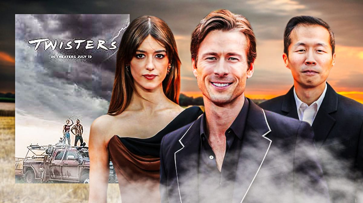 Twisters poster with Daisy Edgar-Jones, Glen Powell, and Lee. Isaac Chung.