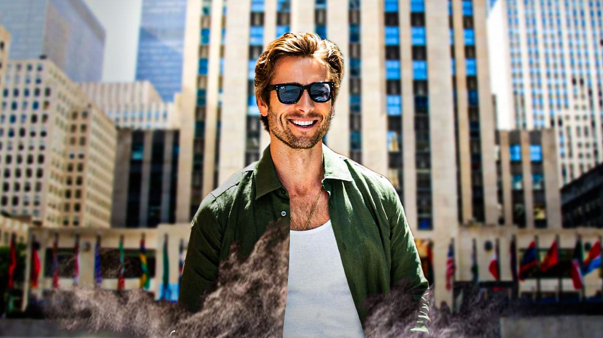Twisters star Glen Powell in front of Rockefeller Center.