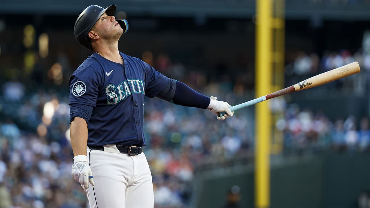 Seattle Mariners first baseman Ty France (23) reacts after hitting a foul ball against the Baltimore Orioles during the second inning at T-Mobile Park.