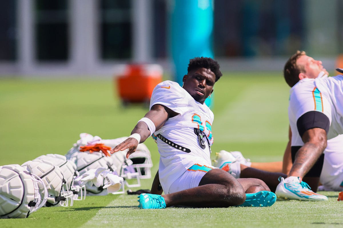 Miami Dolphins wide receiver Tyreek Hill (10) works out during training camp at Baptist Health Training Complex. 