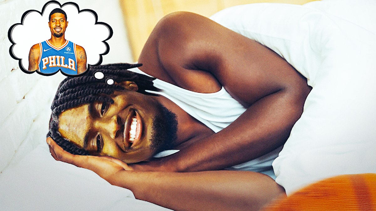 76ers' Tyrese Maxey sleeping while dreaming of Paul George in a Sixers uniform