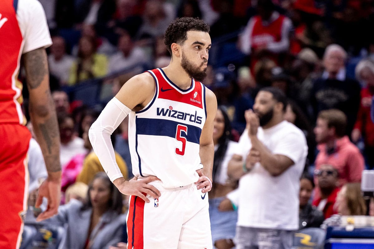 Washington Wizards guard Tyus Jones (5) looks at the bench during free throw by New Orleans Pelicans guard Trey Murphy III (25) during the second half at Smoothie King Center.