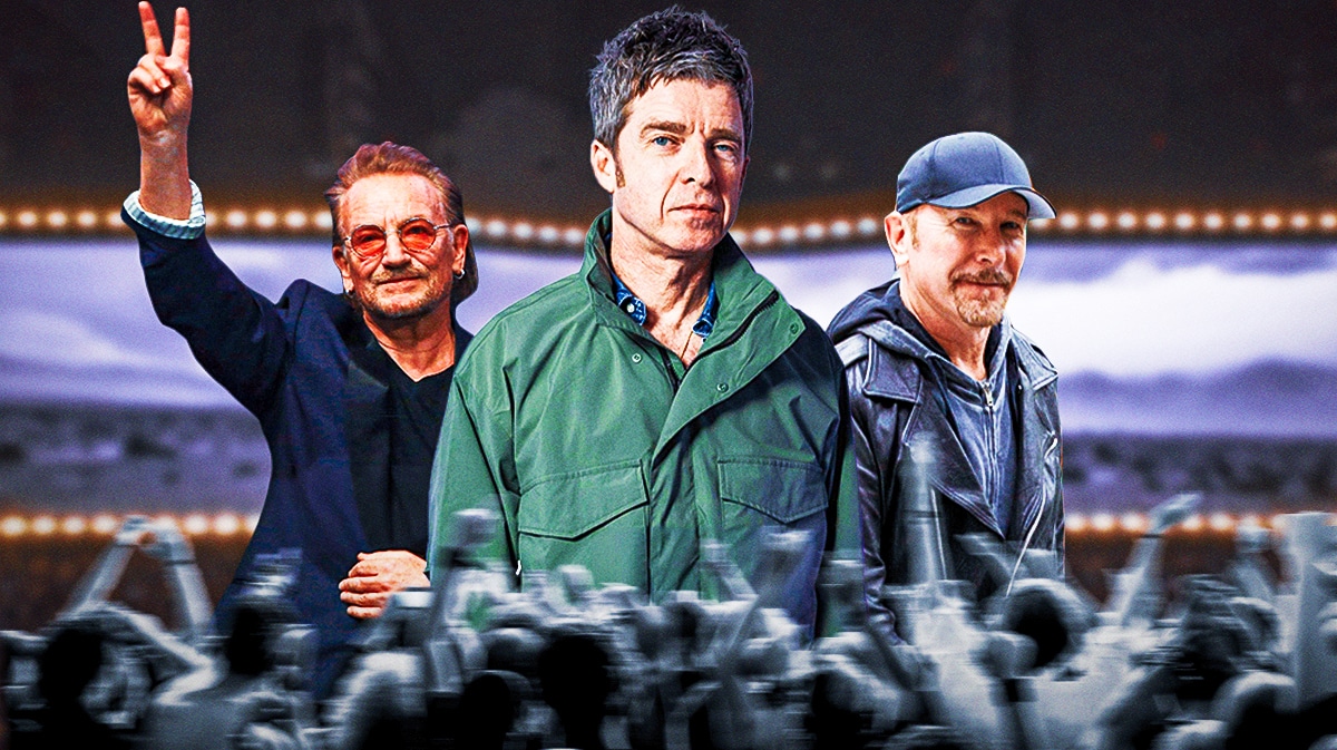 U2 members Bono and The Edge with Oasis' Don't Look Back in Anger singer Noel Gallagher in front of Joshua Tree 2017 tour stage.